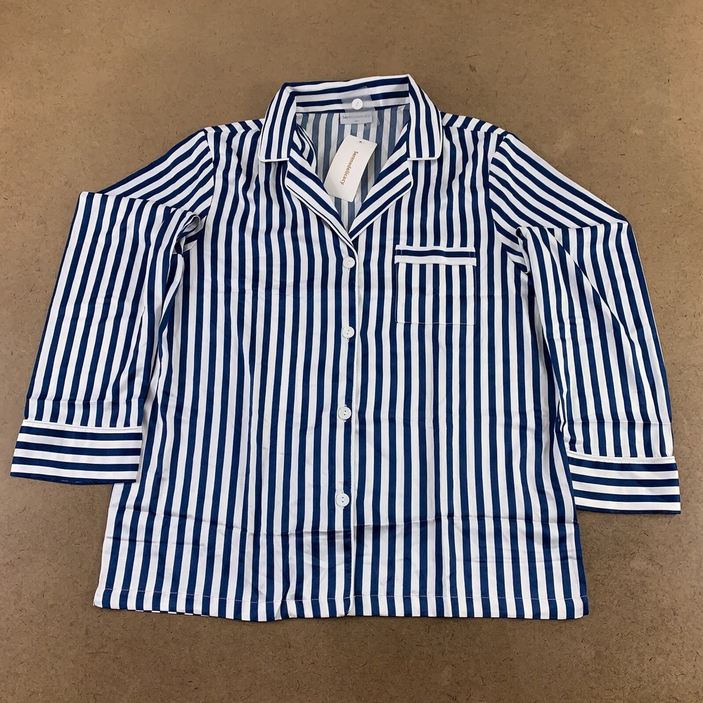 Serenedelicacy Women's Medium Blue White Striped Button Front Pajama Top NWT